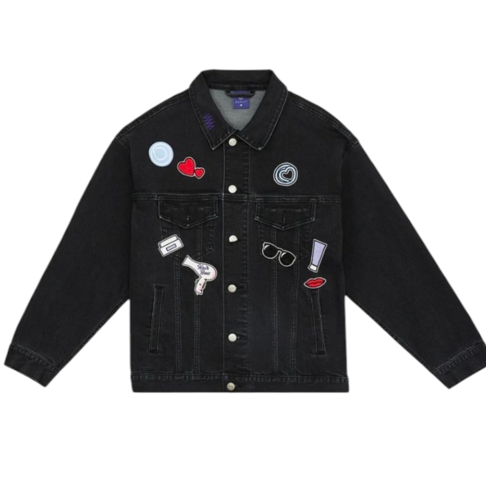 Monat Boss Babe Black Denim Jacket with Fun Patches Size XL Streetwear